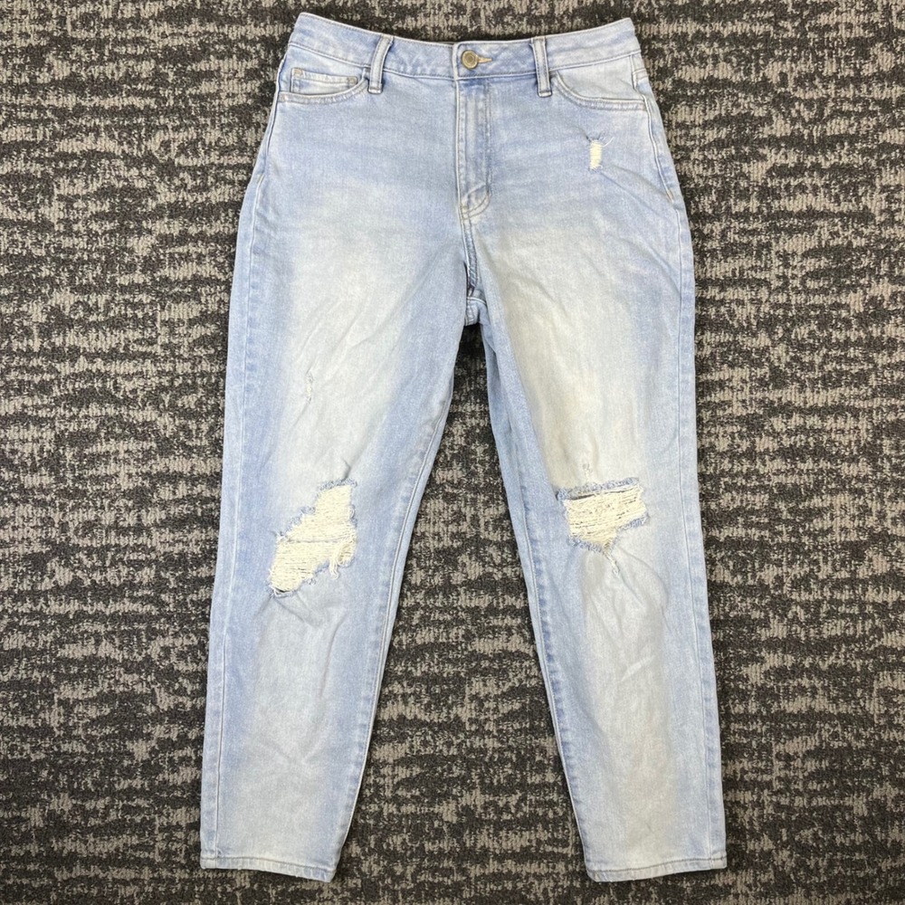 SO Mom Jeans Womens 7/28W Light Wash Distressed High Rise Denim Pants